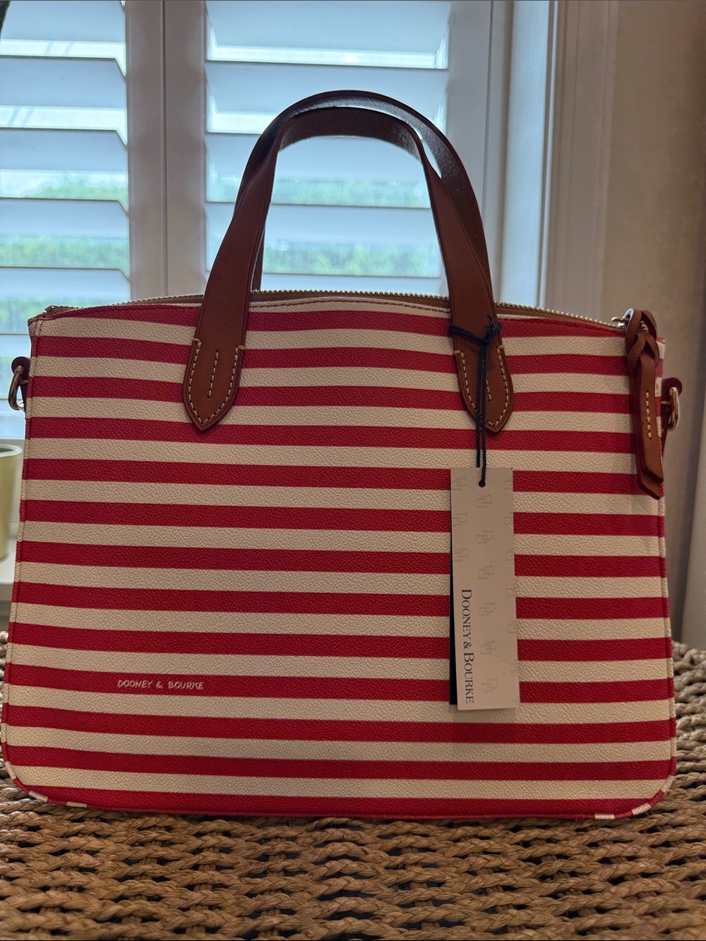 Dooney & Bourke Red and White Striped Satchel with Brown Trim - Picture 4 of 6